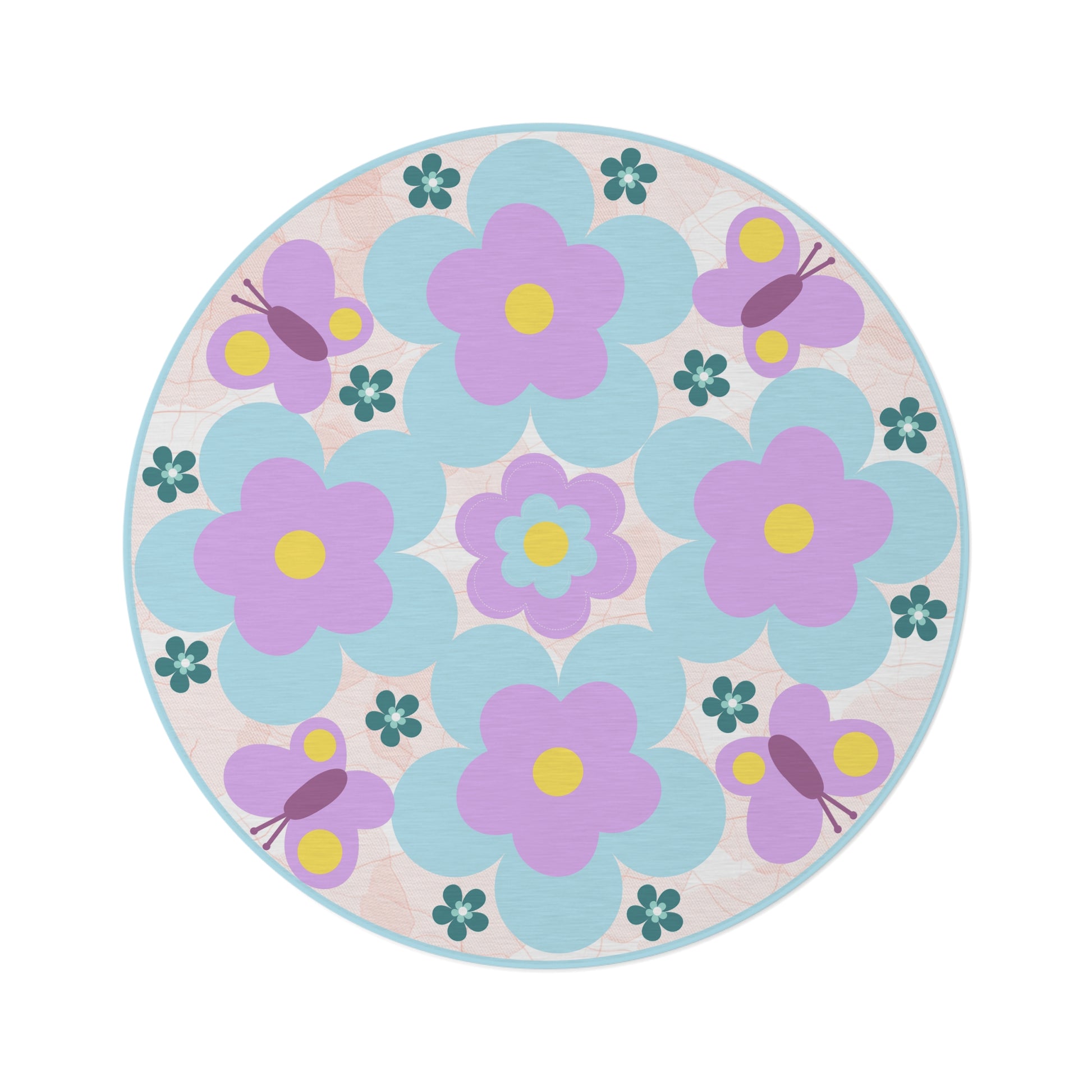 an elegant round mandala rug with boho style symmetrical geometric shapes and floral elements