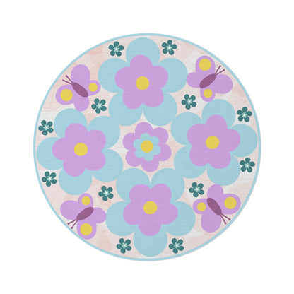 an elegant round mandala rug with boho style symmetrical geometric shapes and floral elements