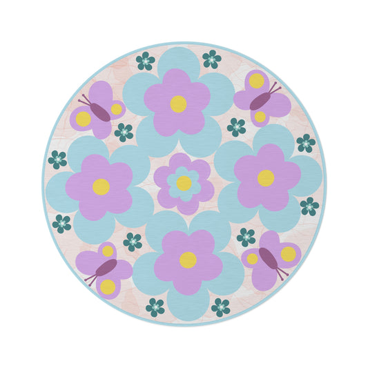 an elegant round mandala rug with boho style symmetrical geometric shapes and floral elements