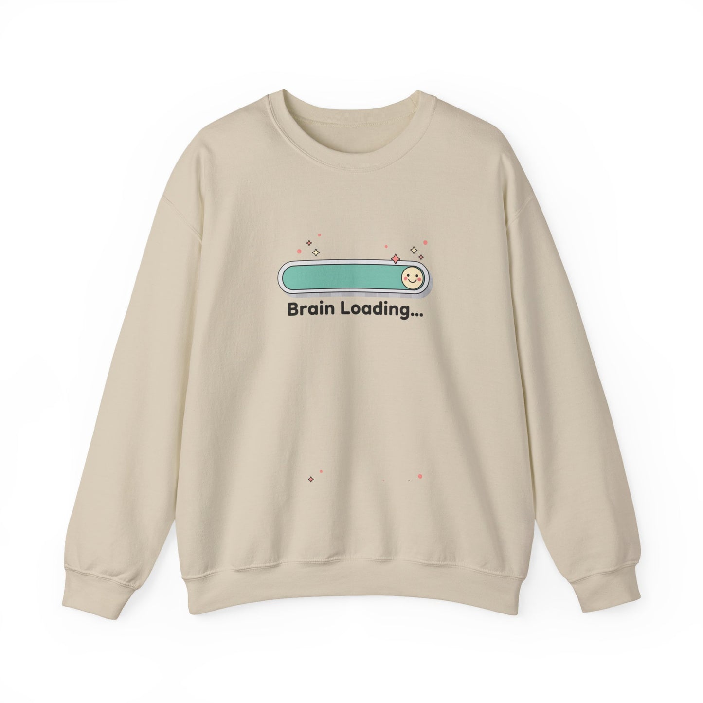 Beige sweatshirt with 'Brain Loading...' graphic on a white background
