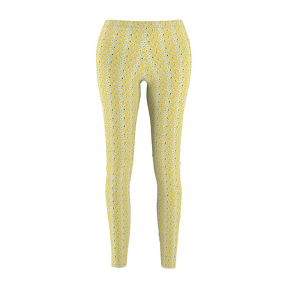 A pair of women's skinny fit leggings with a geometric pattern in vibrant colors.
