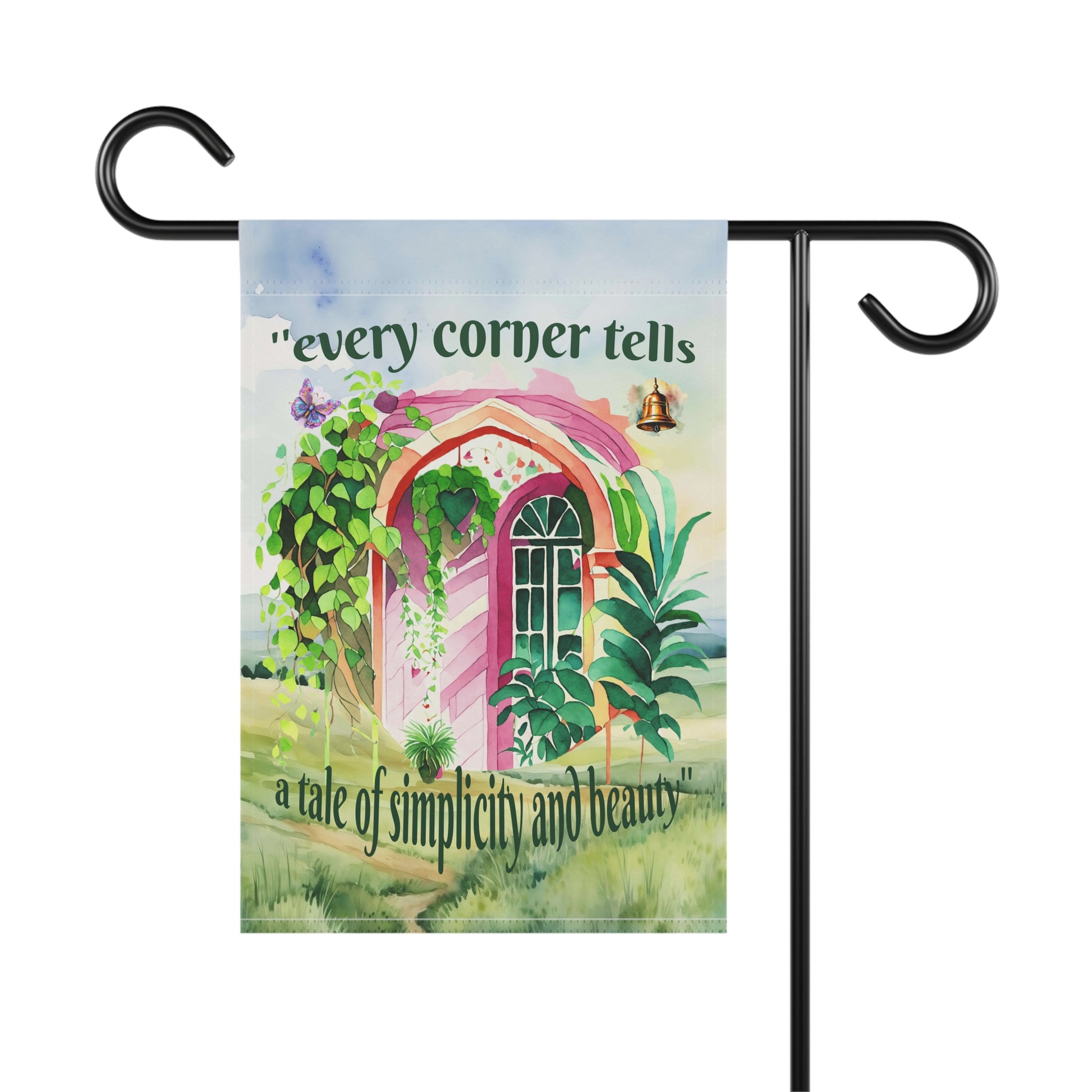 Decorative garden flag with a colorful archway and text on a white background