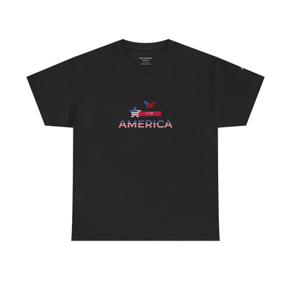 Black t-shirt with 'America' text and flag design on a white background