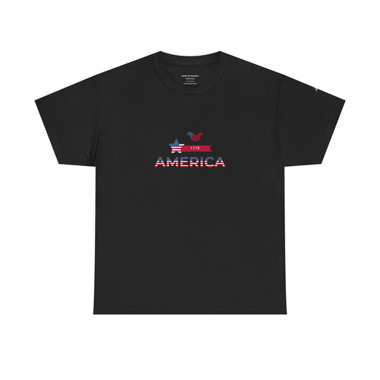 Black t-shirt with 'America' text and flag design on a white background