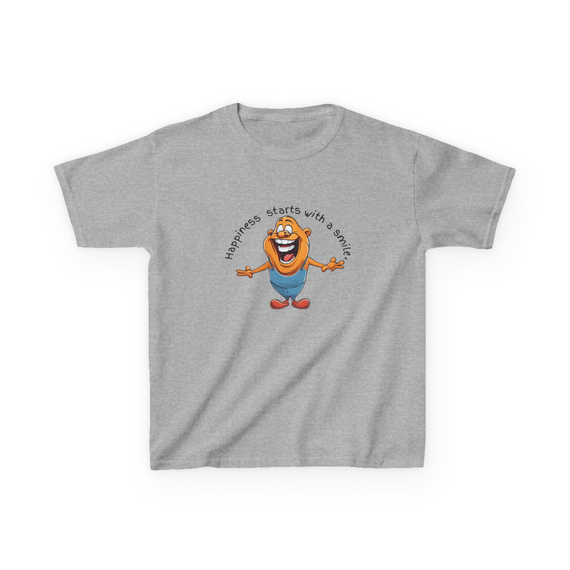 Kids cotton t-shirt with cute cartoon character and “Happiness Starts with a Smile” text