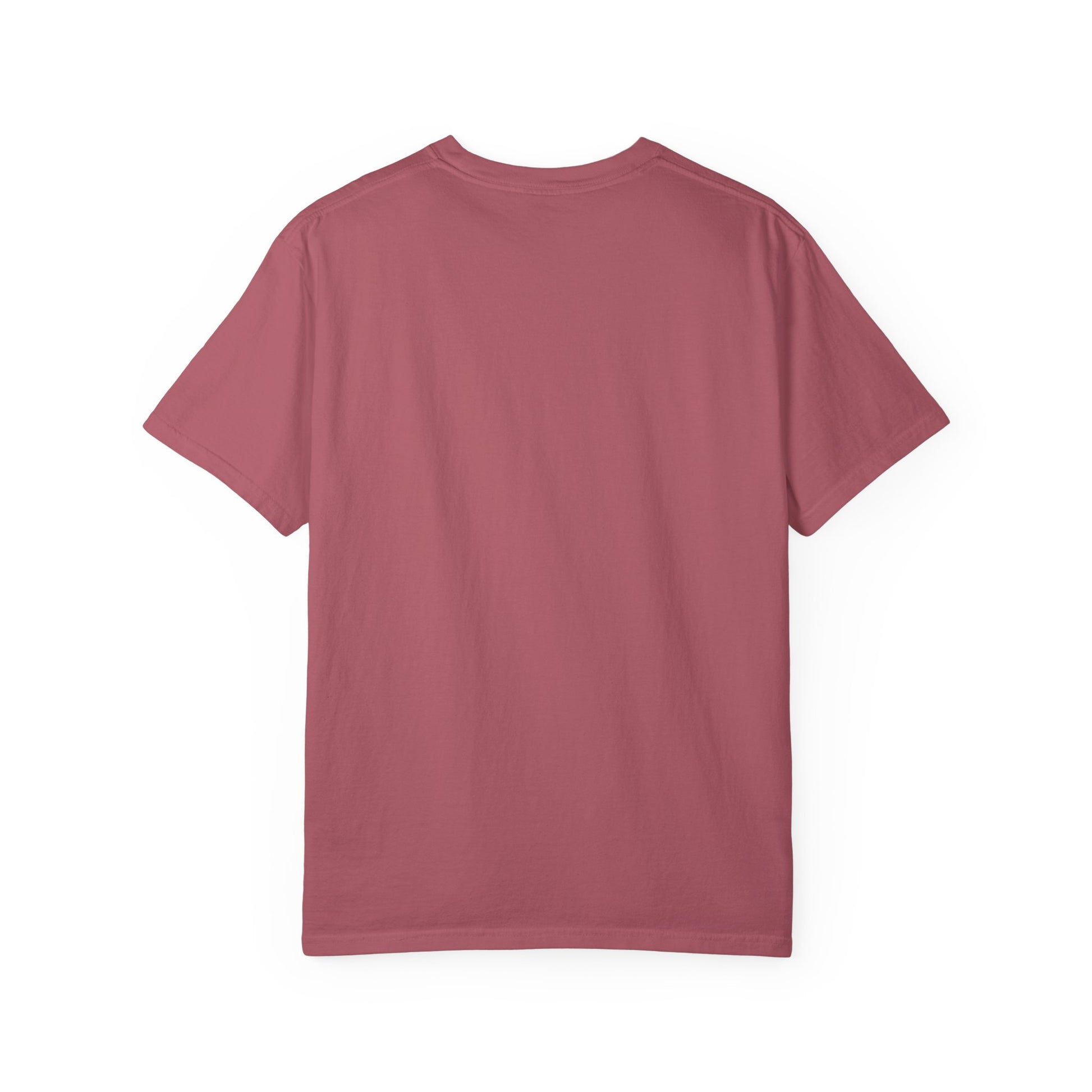 Rear view of plain back side garment-dyed t-shirt