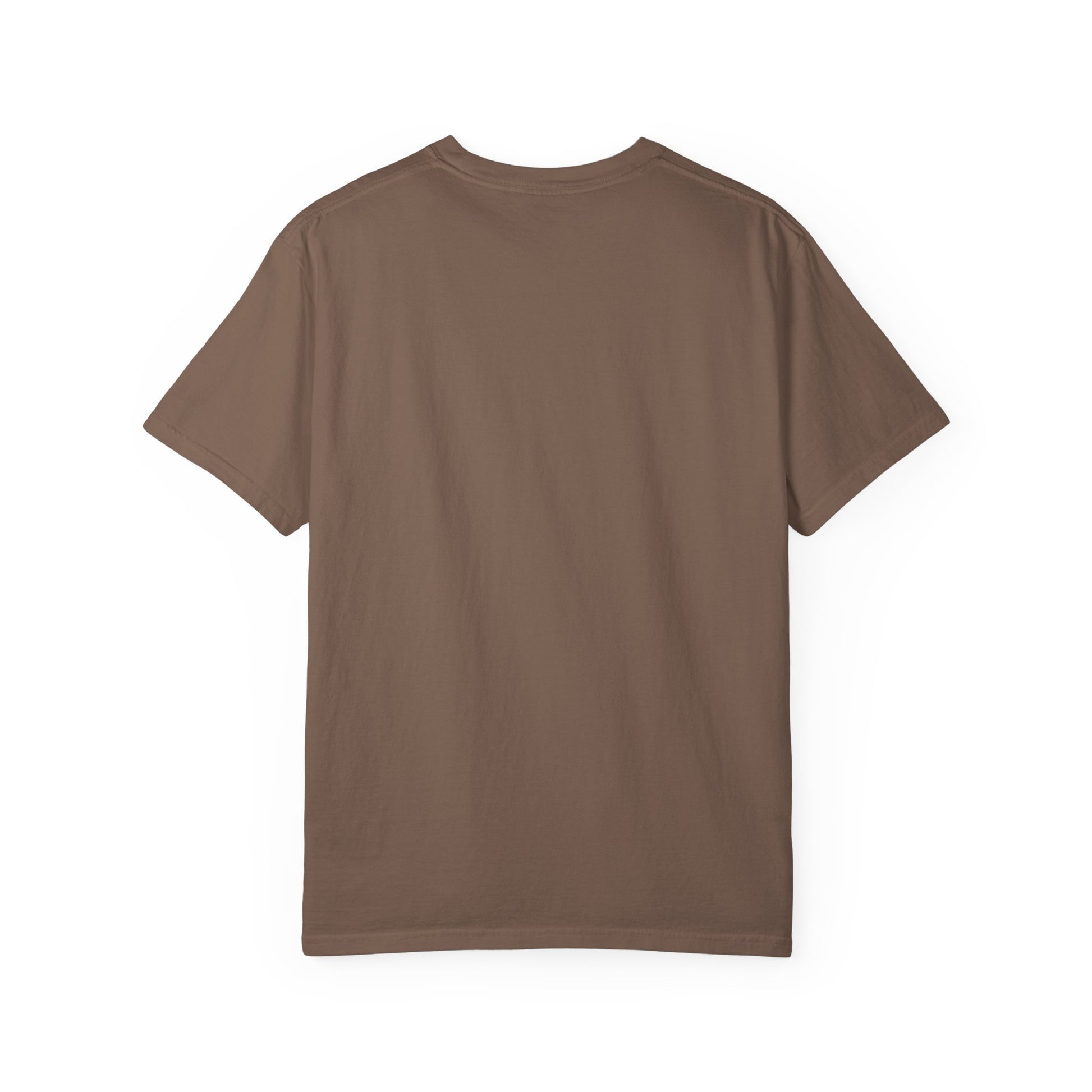 Rear view of plain back side garment-dyed t-shirt
