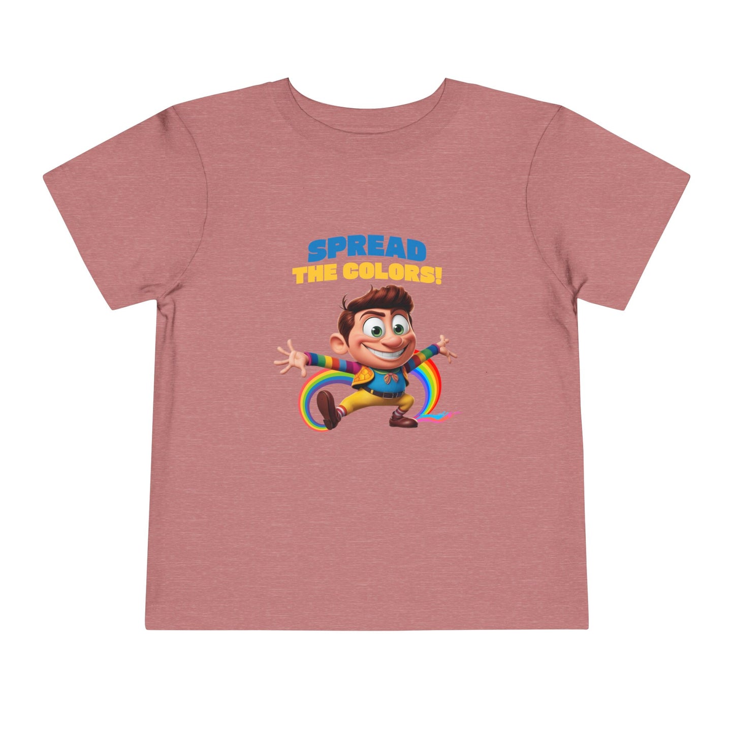 Cartoon boy jumping with rainbow trail and "Spread the Colors!" text on heather mauve T-shirt.

