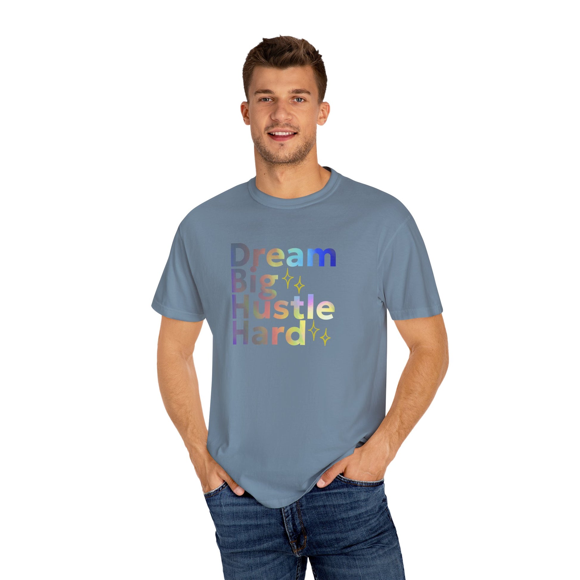 Man wearing a blue t-shirt with motivational text on a white background