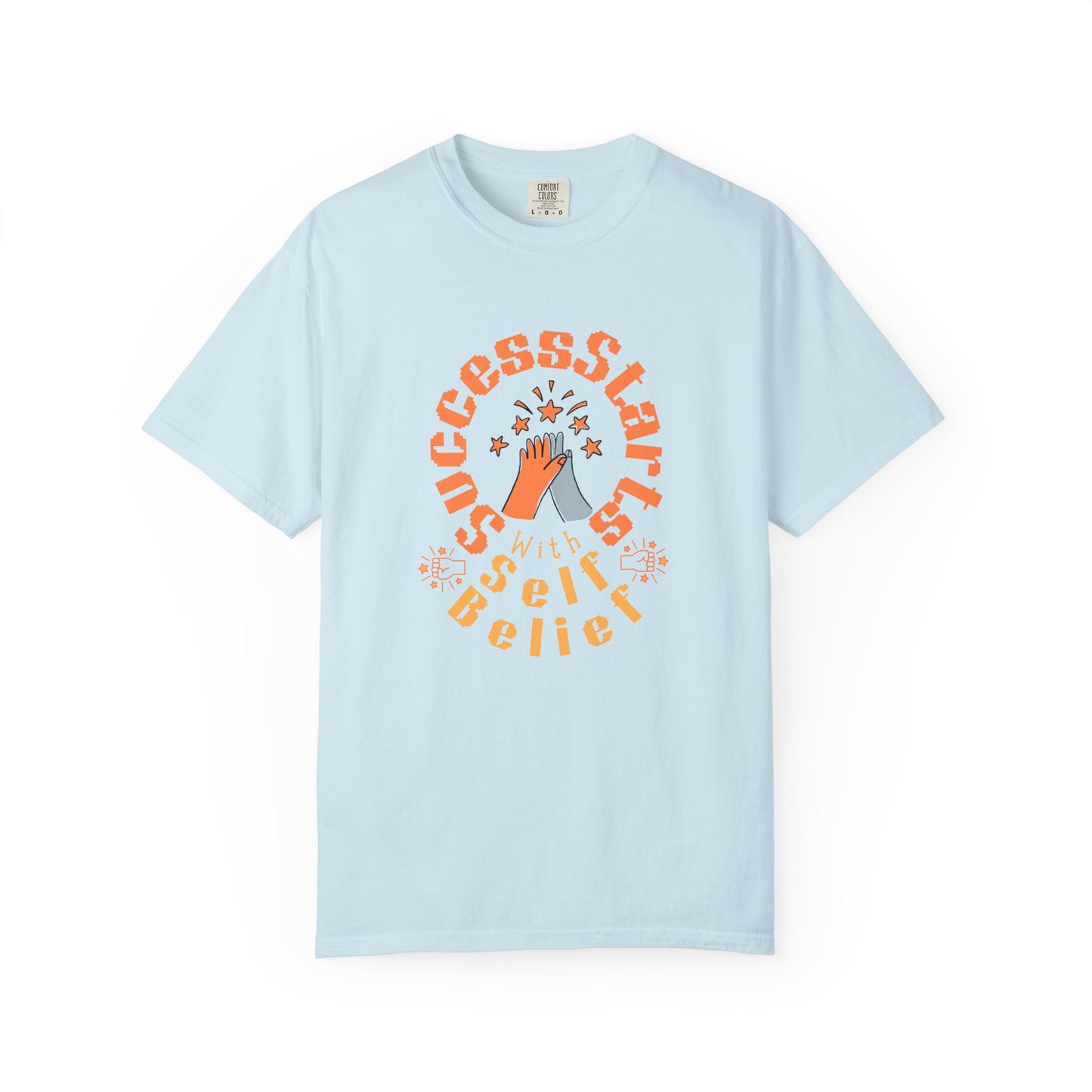 Light blue t-shirt with motivational graphic and text on a white background