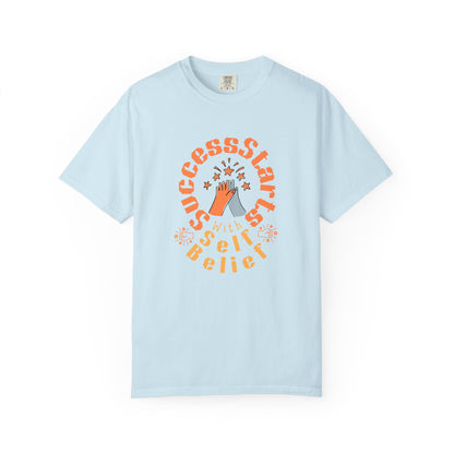 Light blue t-shirt with motivational graphic and text on a white background