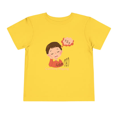 Toddler short sleeve t-shirt with sleeping child illustration and “Future CEO, Currently Napping” text