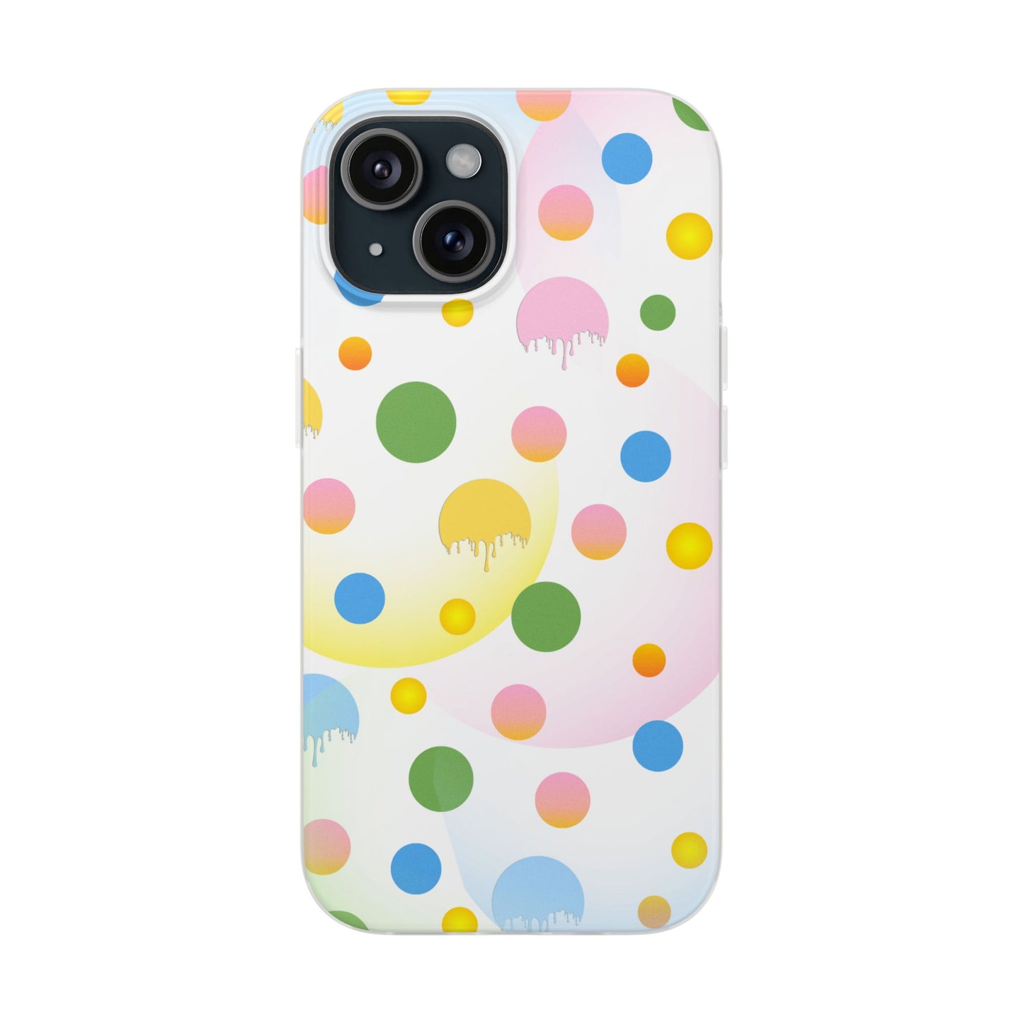 A semi-transparent matte finish mobile phone case with a multicolored dot pattern.