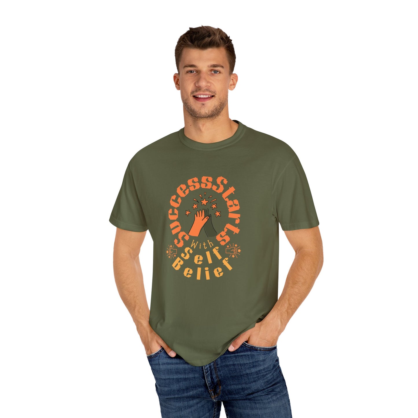 Man wearing a green t-shirt with a motivational quote on a white background