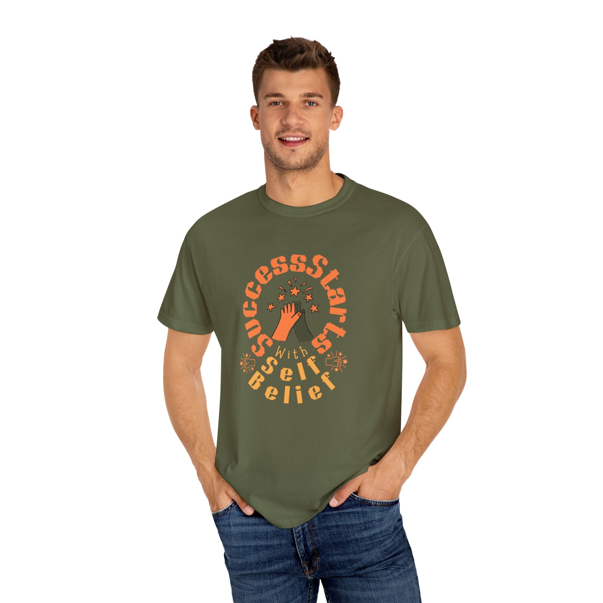 Man wearing a green t-shirt with a motivational quote on a white background