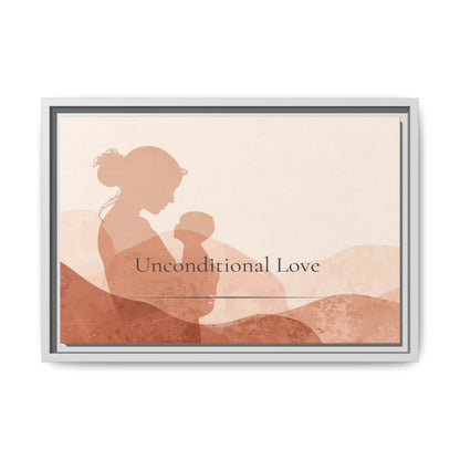 Framed artwork of a silhouette of a woman holding a child with 'Unconditional Love' text on a beige background.