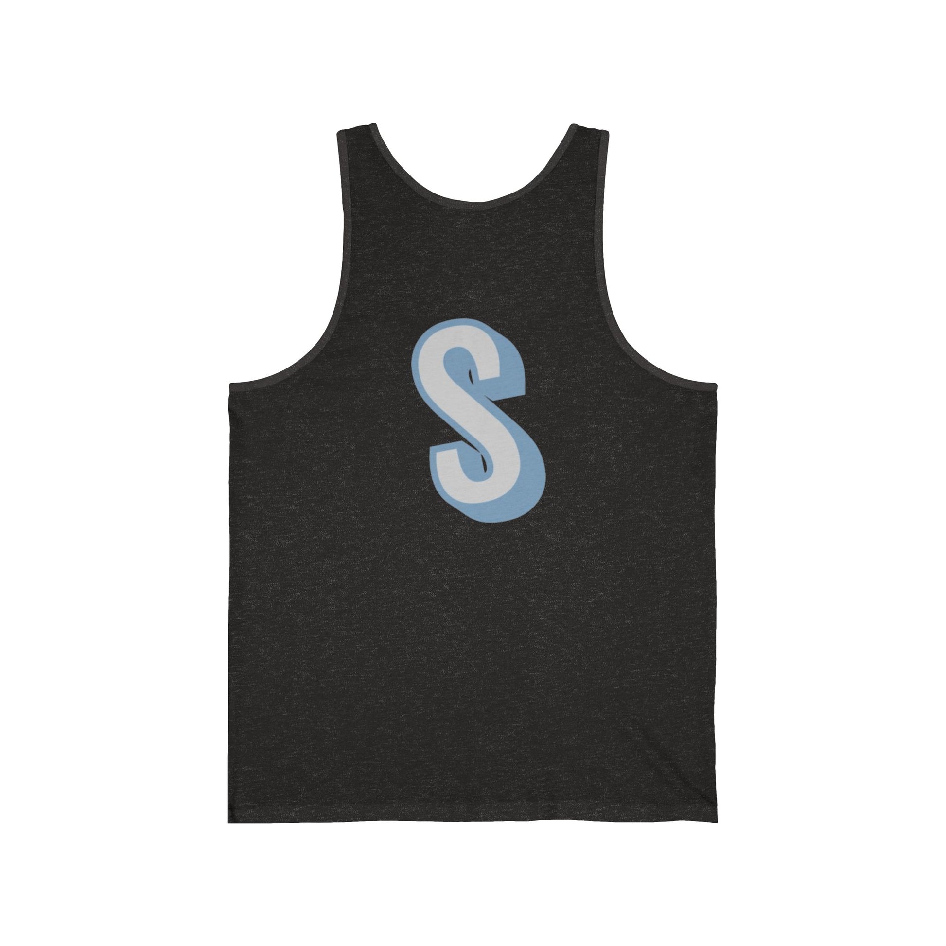 unisex tank top with a blue 'S' on a white background