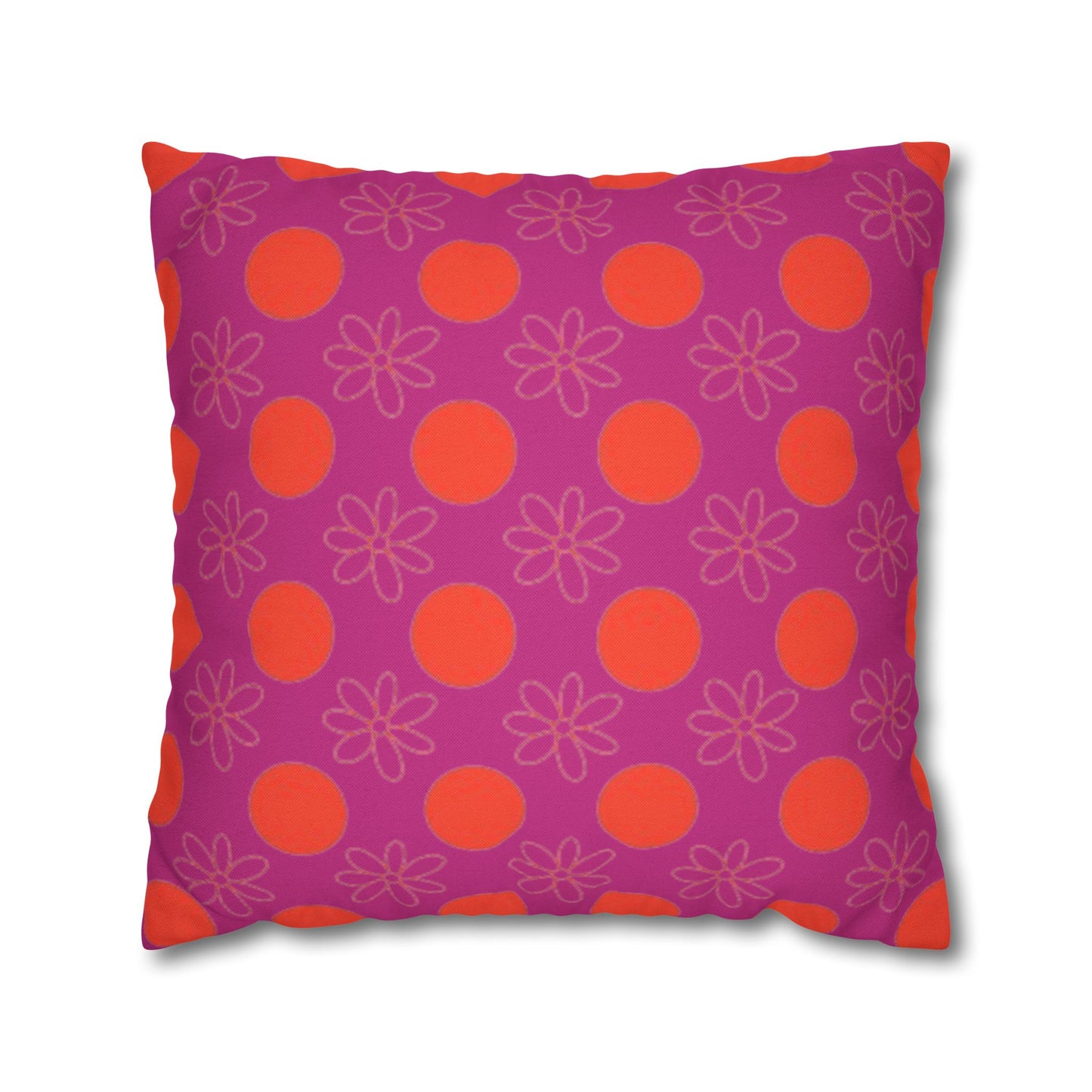 A square-shaped pillowcase with a pattern of orange circles and flowers on a purple background.