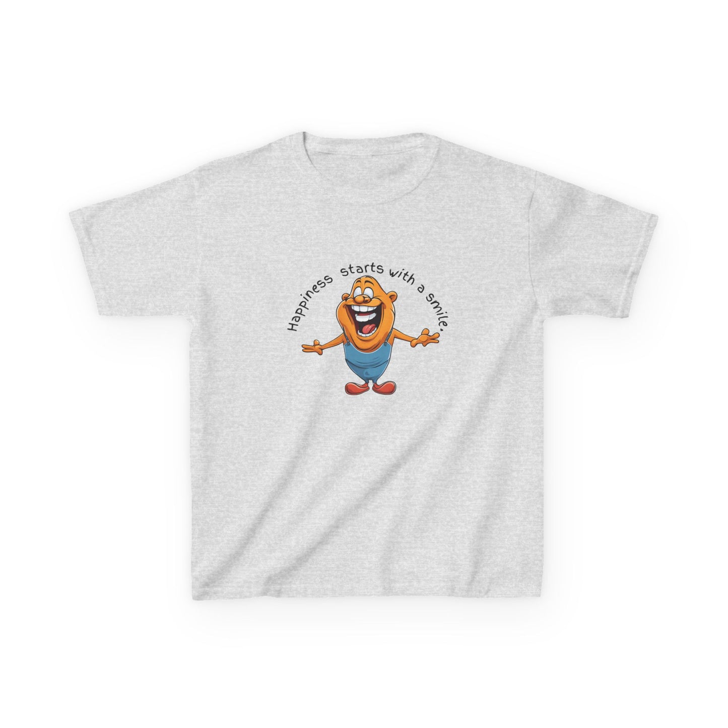 Kids cotton t-shirt with cute cartoon character and “Happiness Starts with a Smile” text