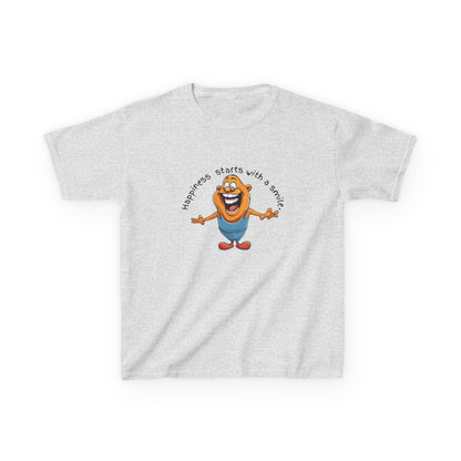 Kids cotton t-shirt with cute cartoon character and “Happiness Starts with a Smile” text