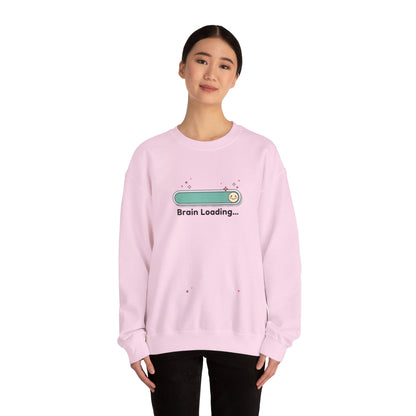 Person wearing a pink sweatshirt with 'Brain Loading' graphic on a white background