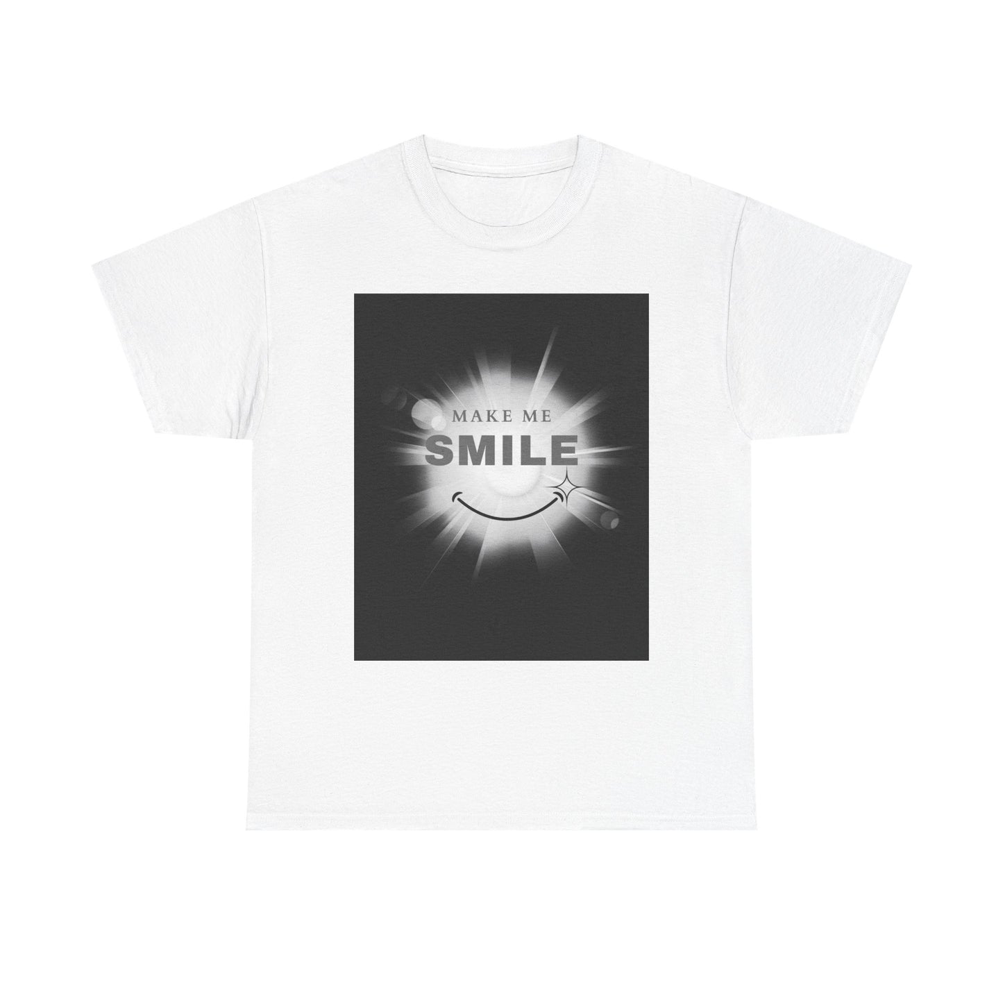 A white unisex heavy cotton tee with a graphic print in the center that reads 'MAKE ME SMILE'.
