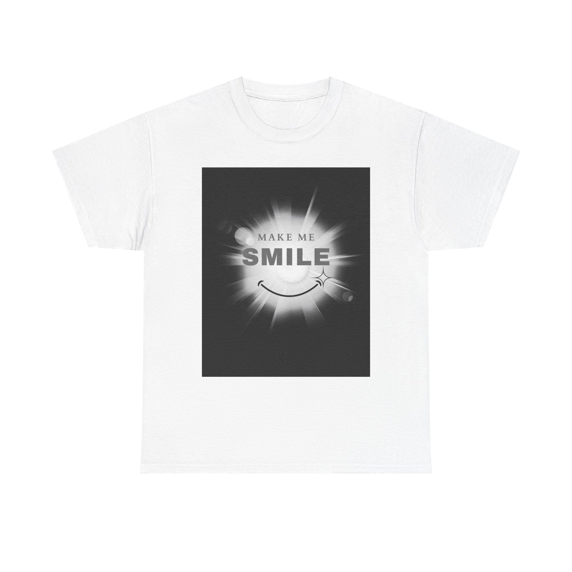 A white unisex heavy cotton tee with a graphic print in the center that reads 'MAKE ME SMILE'.