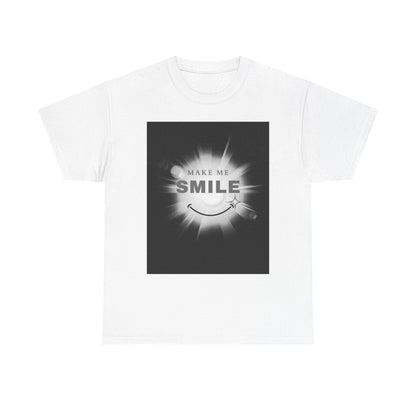 A white unisex heavy cotton tee with a graphic print in the center that reads 'MAKE ME SMILE'.