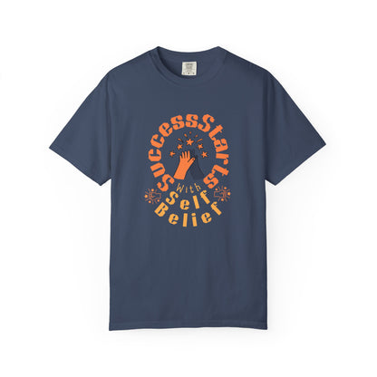 Navy blue t-shirt with motivational text design on a white background