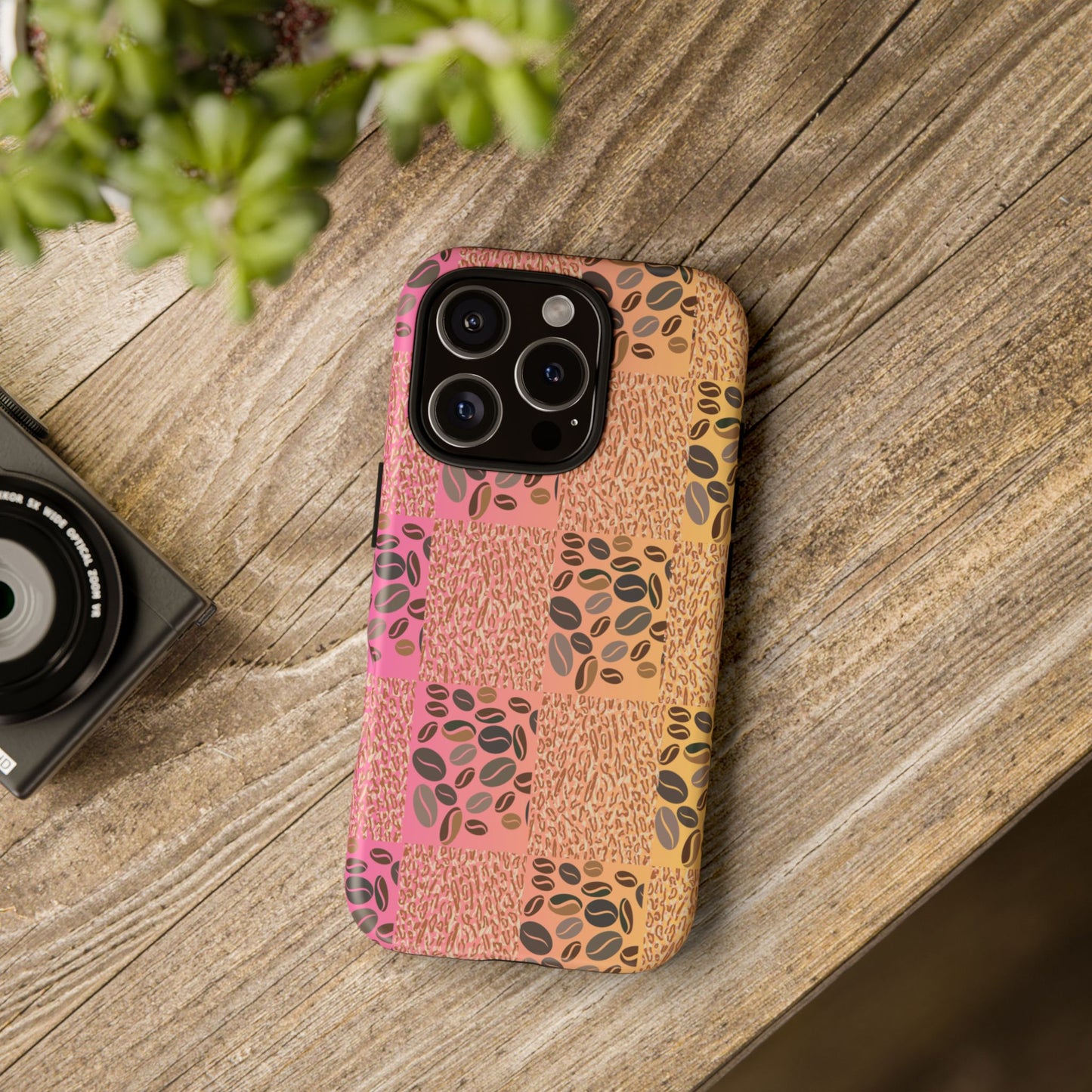Tough Phone Case – Coffee Bean & Tiger Print with Gradient Background