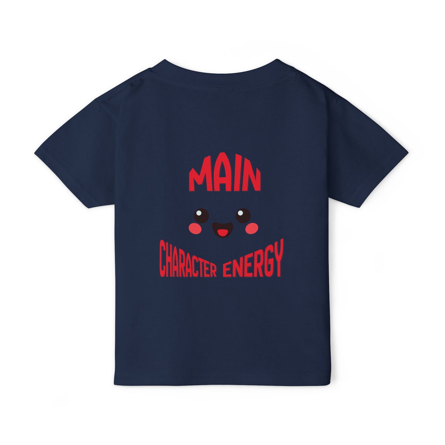 Kawaii smiley face with curved text Main Character Energy on the back of a baby t-shirt."
