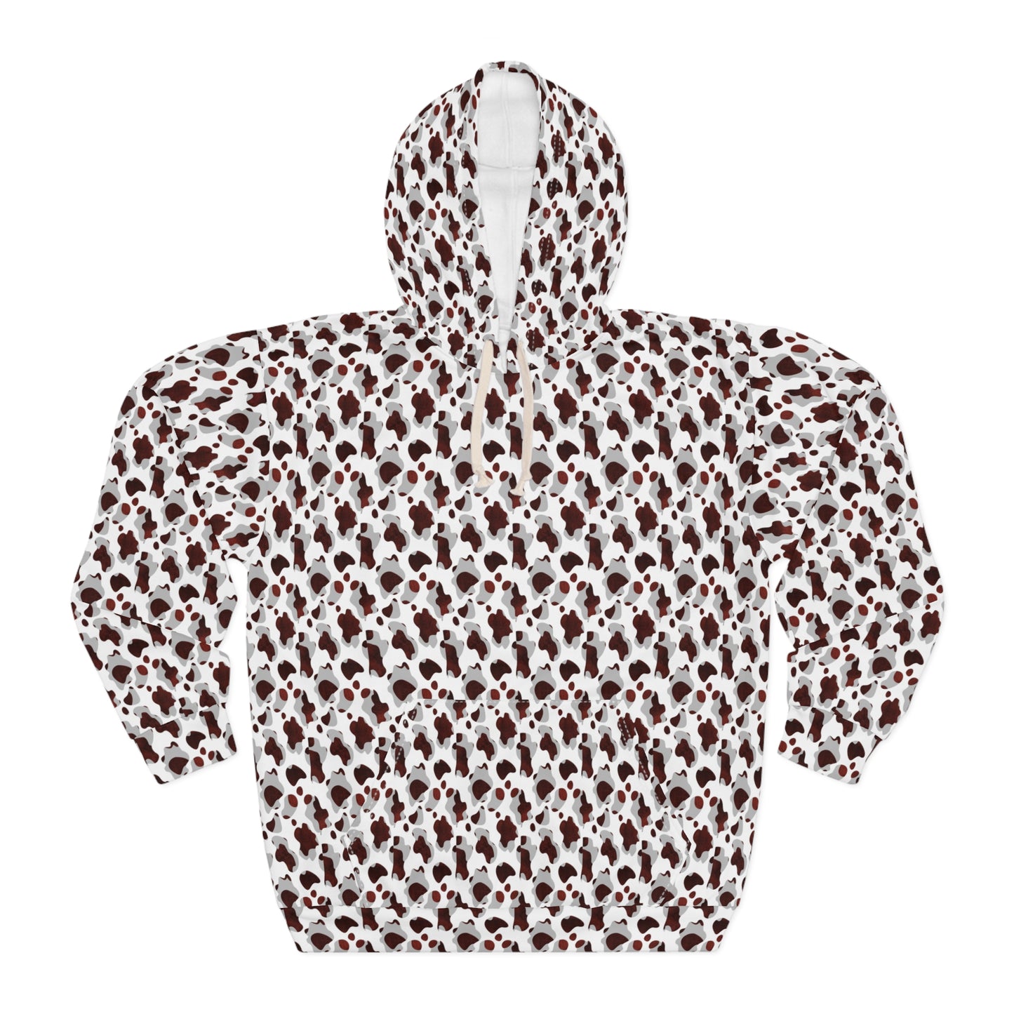 Model wearing printed pullover hoodie with graphic pattern

