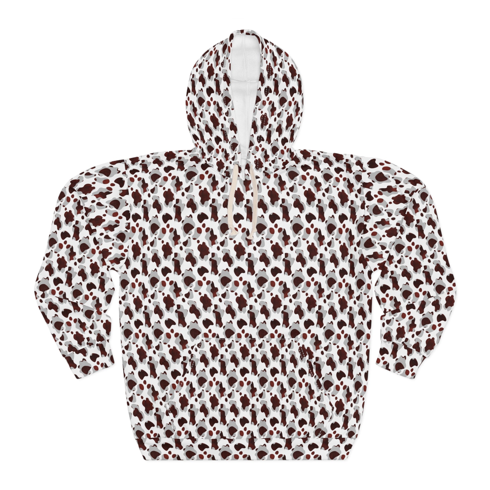 Model wearing printed pullover hoodie with graphic pattern

