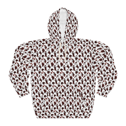 Model wearing printed pullover hoodie with graphic pattern

