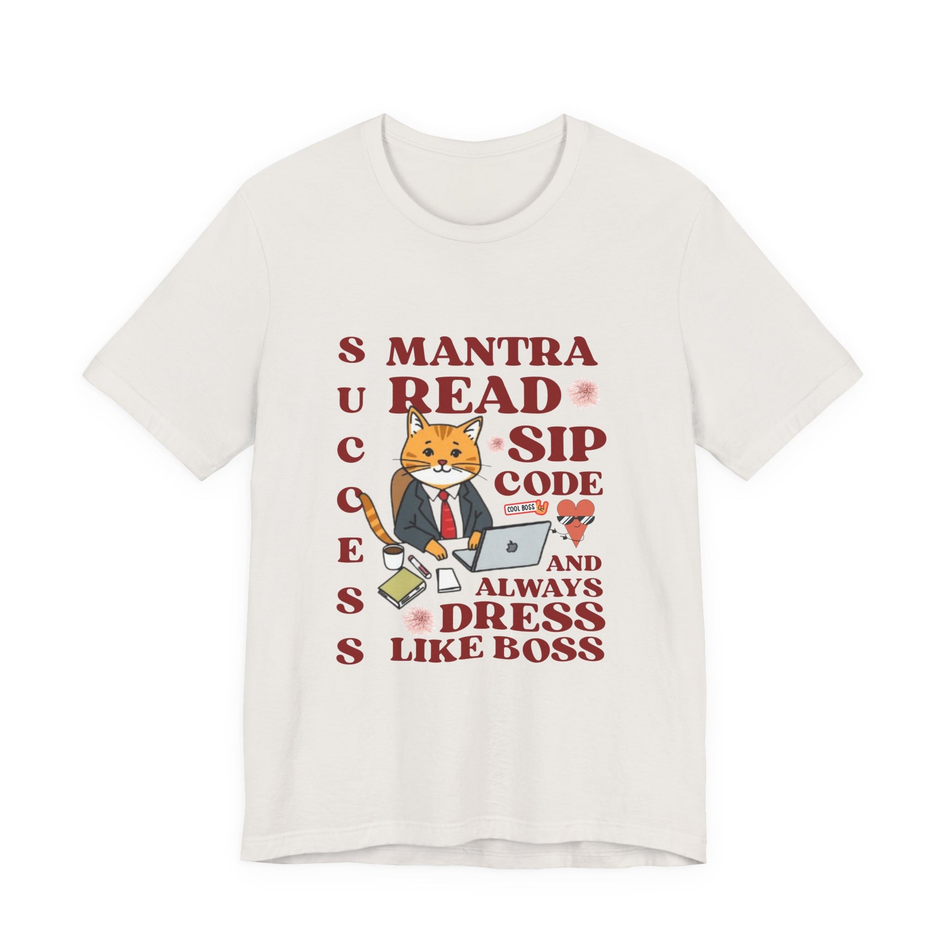 White t-shirt with a graphic of a cat in a suit and text on a white background