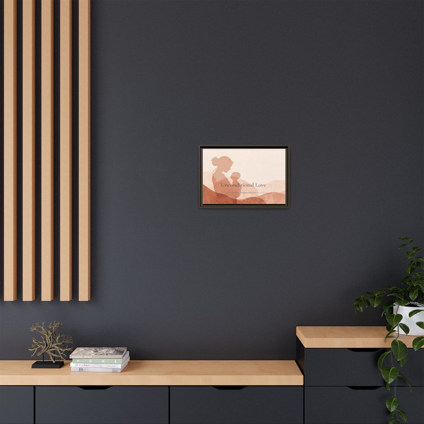 Framed artwork on a dark wall with wooden shelves and decor items.