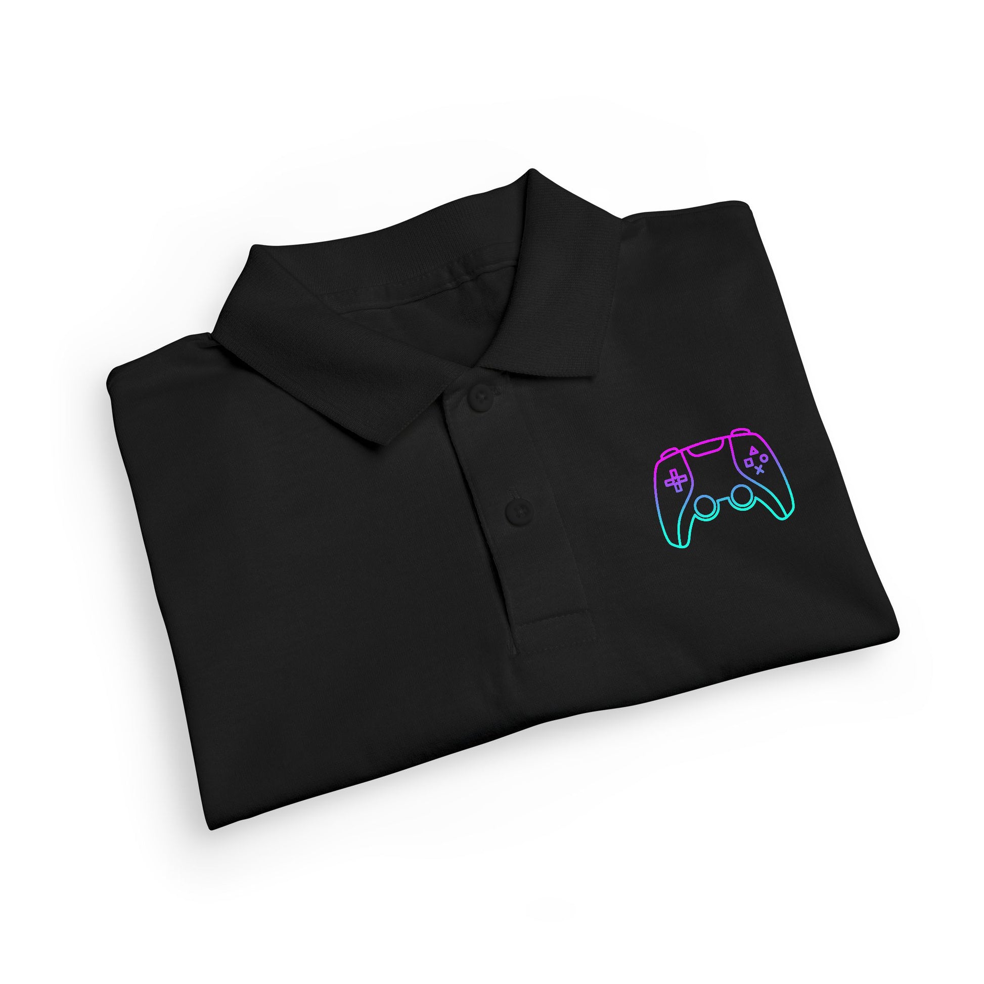 Folded black polo shirt with blue logo on a white background