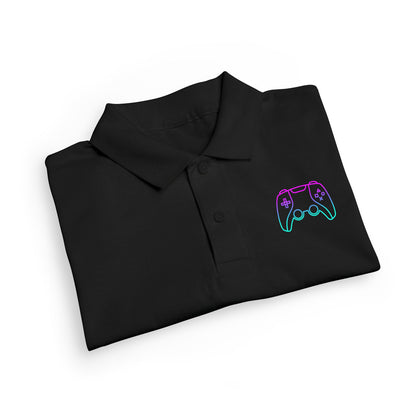 Folded black polo shirt with blue logo on a white background