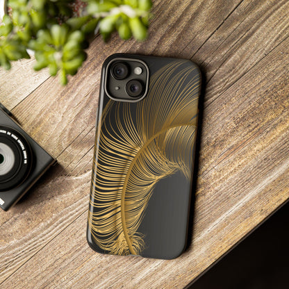 Phone case with gold feather design on black background