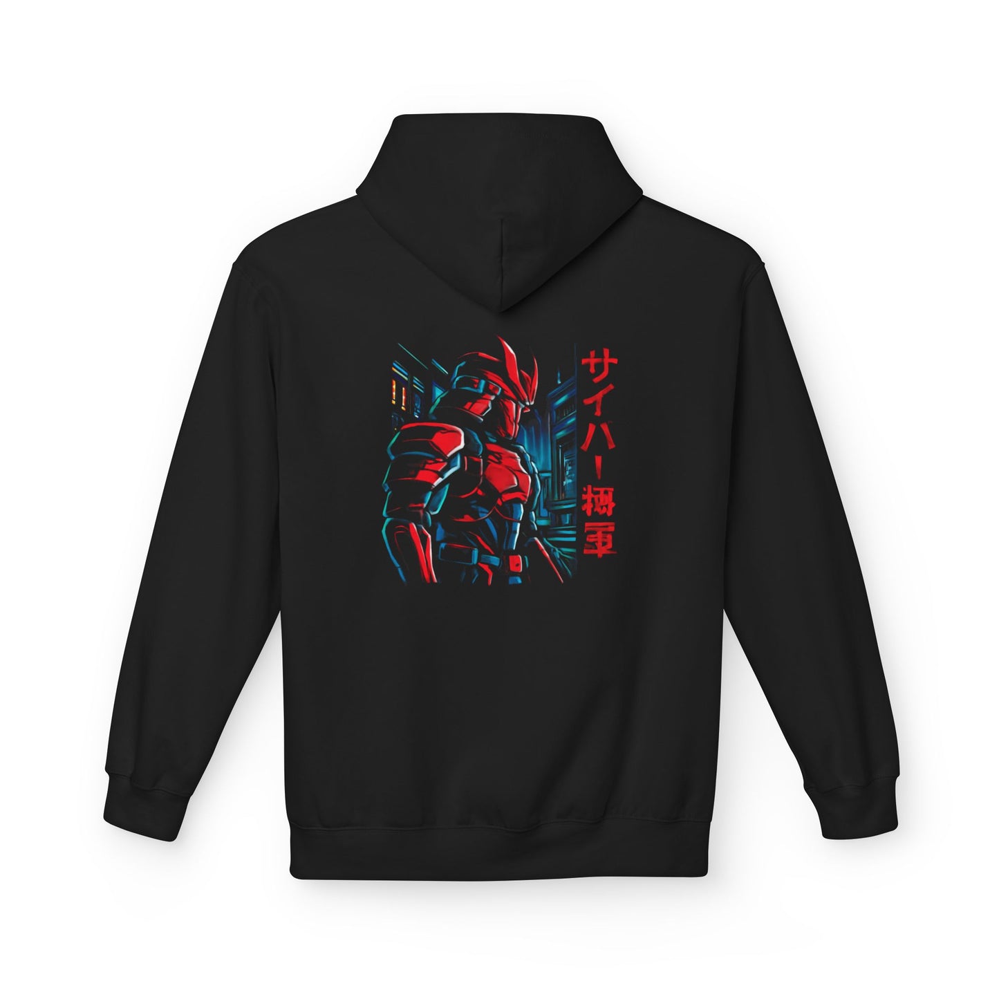A black pullover hoodie shown from the back, featuring a large graphic print of a red and blue sci-fi armored character with vertical red Japanese text on the center back.