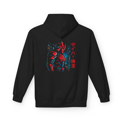 A black pullover hoodie shown from the back, featuring a large graphic print of a red and blue sci-fi armored character with vertical red Japanese text on the center back.
