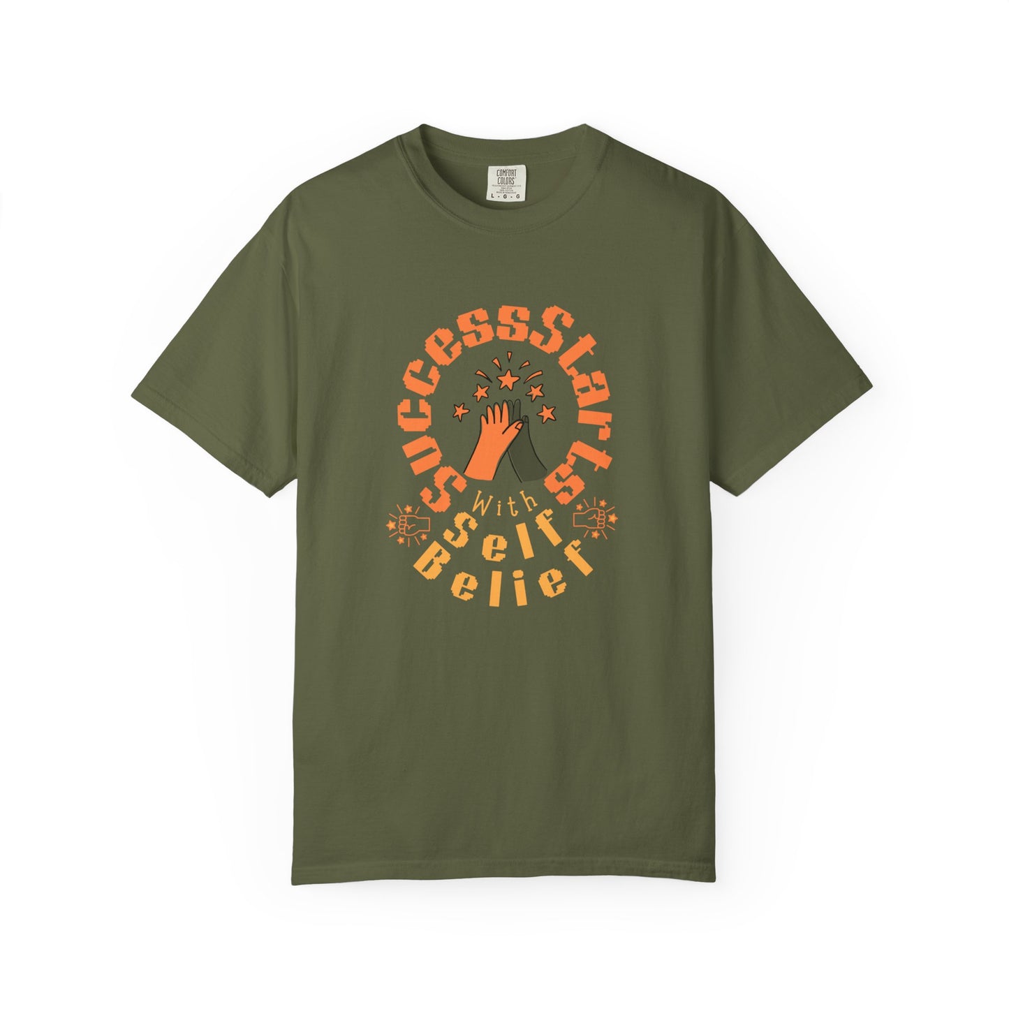 Green t-shirt with motivational design on a white background