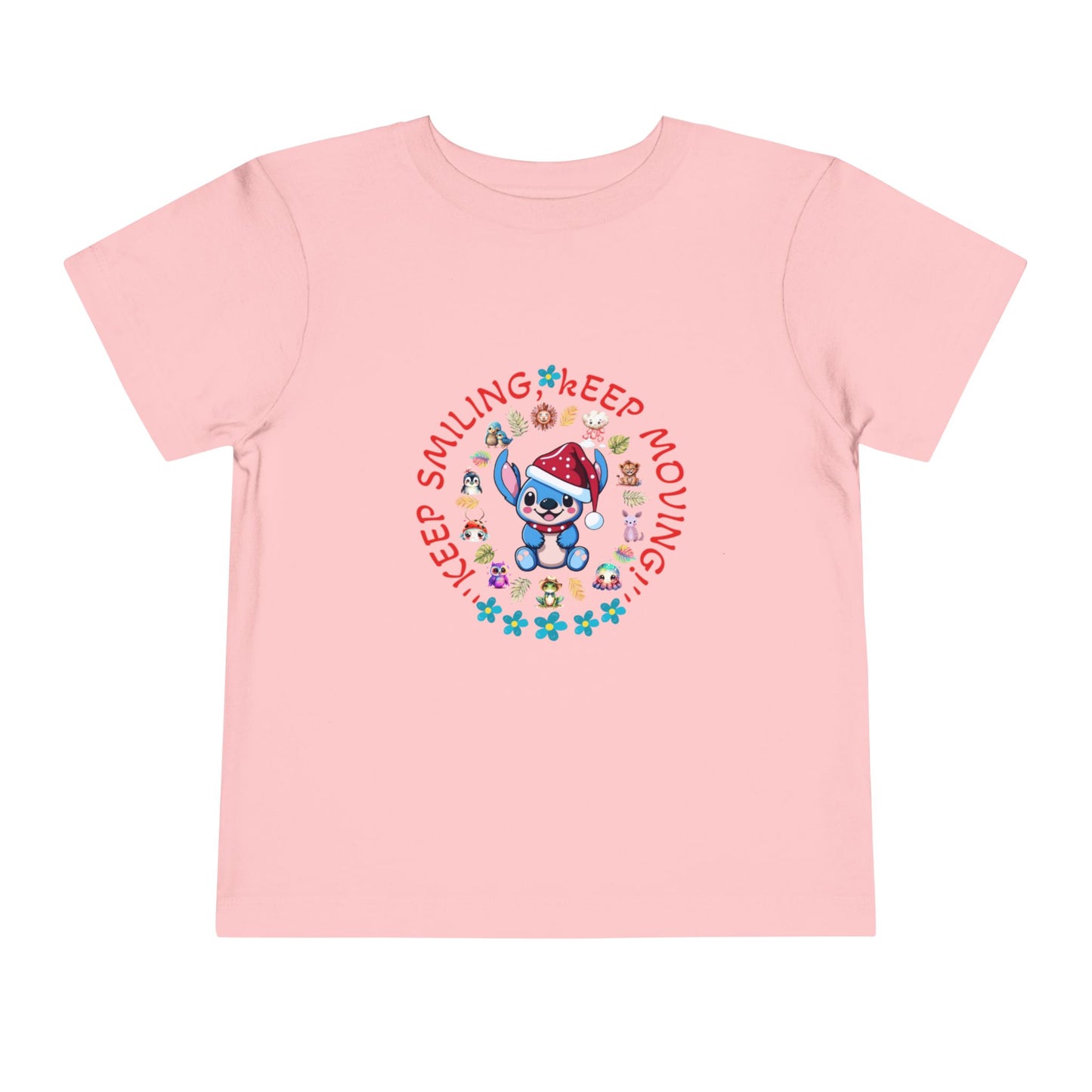 Toddler t-shirt with a cute dog illustration and motivational quote "Keep Smiling Keep Moving" printed in the center.