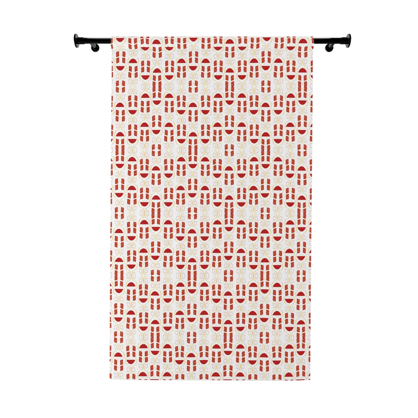 Red and white geometric pattern curtain hanging on window in a modern room

