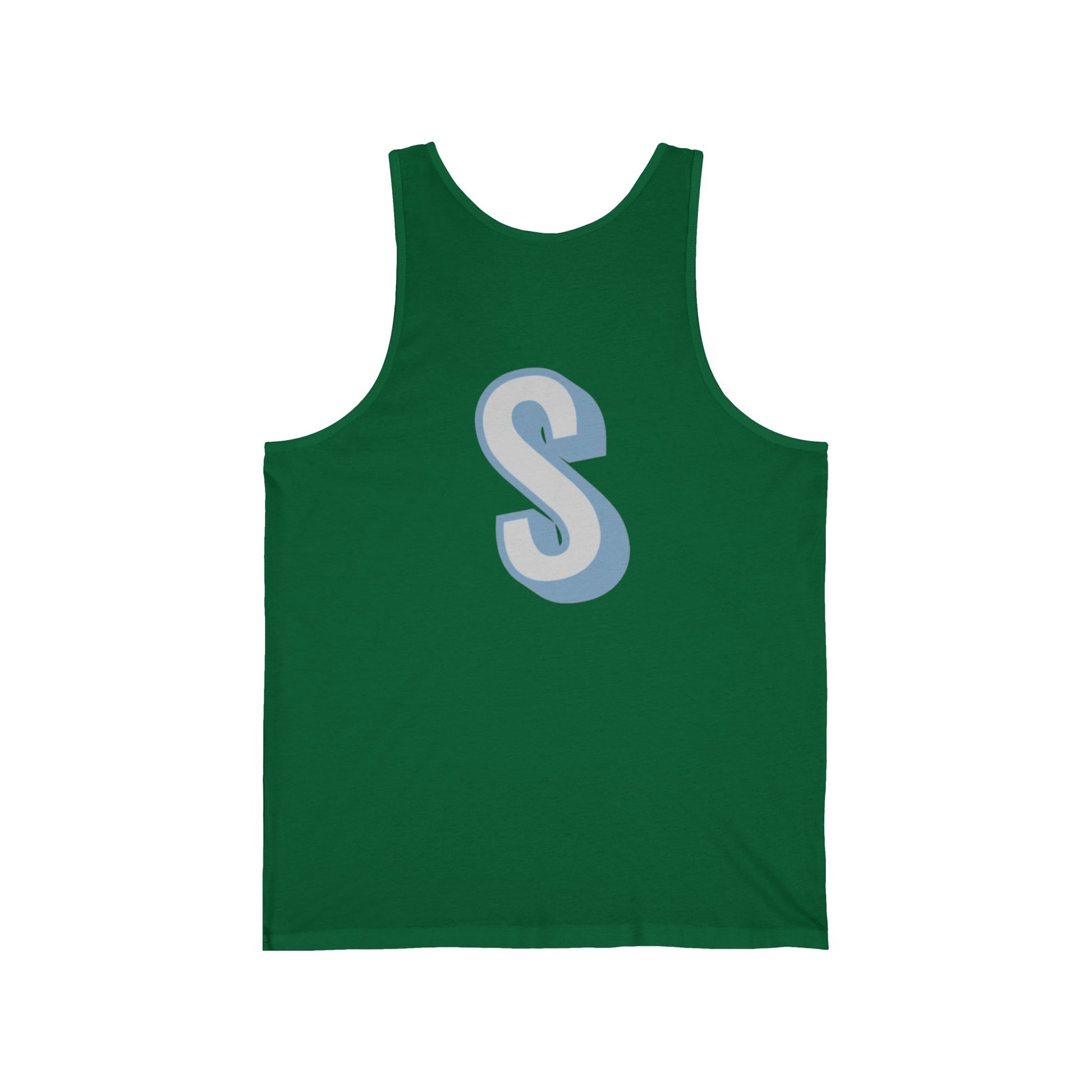 unisex tank top with a blue 'S' on a white background