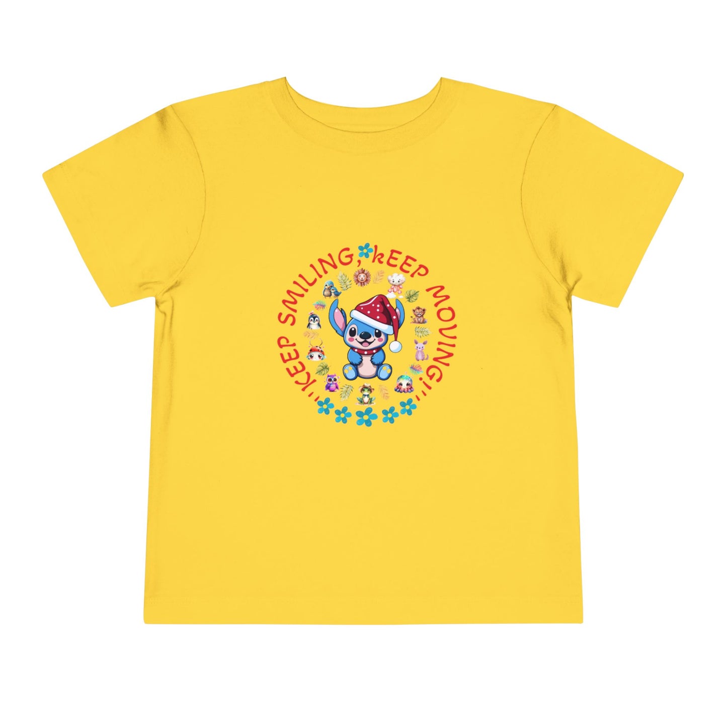 Toddler t-shirt with a cute dog illustration and motivational quote "Keep Smiling Keep Moving" printed in the center.
