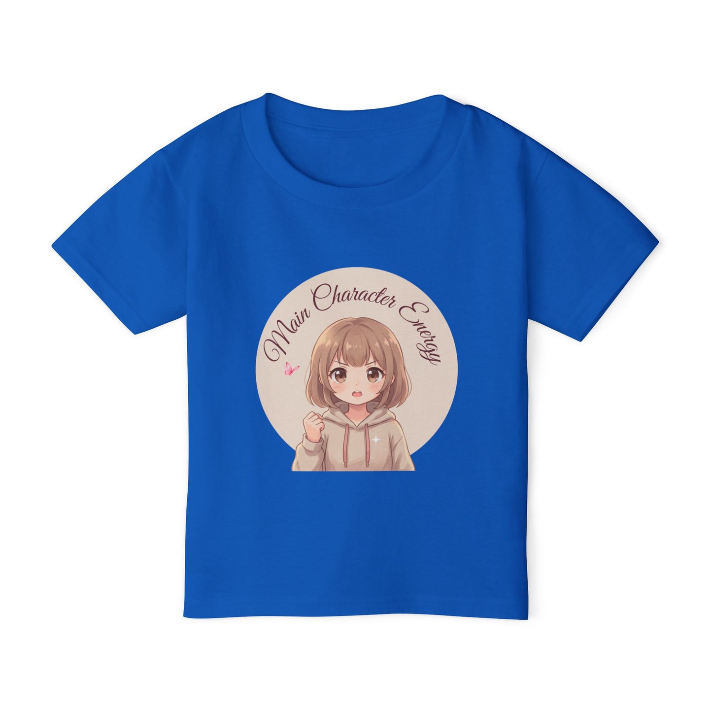 Cute anime girl graphic baby t-shirt with text Main Character Energy, front view."