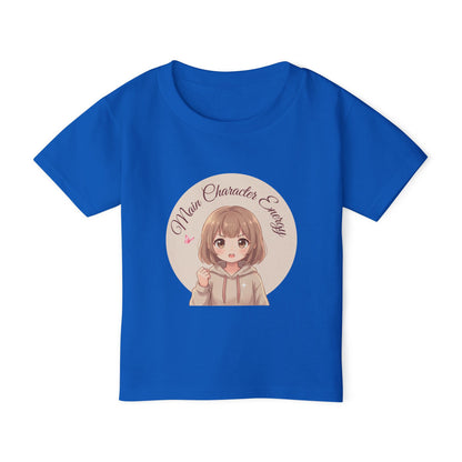Cute anime girl graphic baby t-shirt with text Main Character Energy, front view."