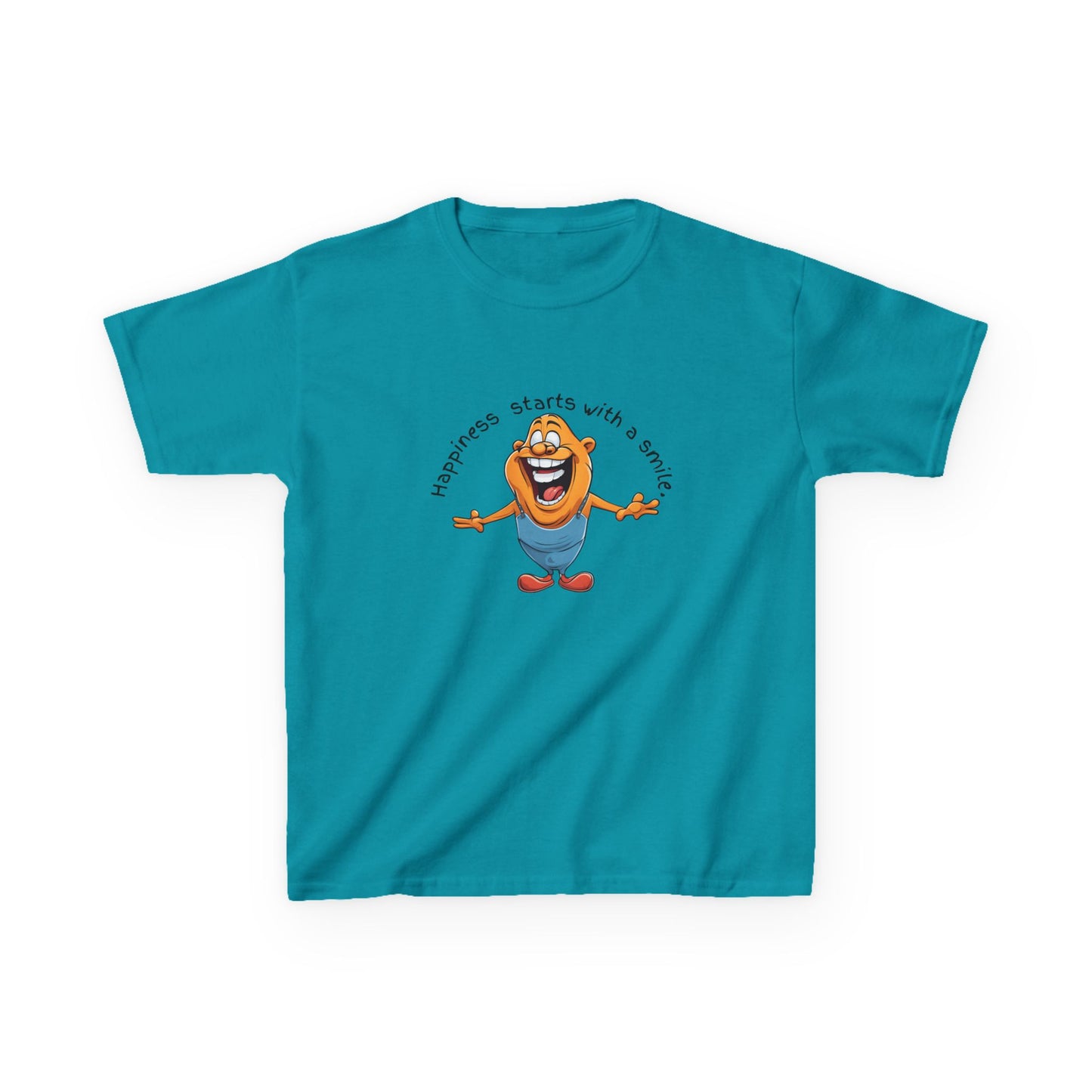 Kids cotton t-shirt with cute cartoon character and “Happiness Starts with a Smile” text