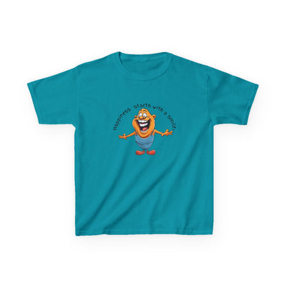 Kids cotton t-shirt with cute cartoon character and “Happiness Starts with a Smile” text